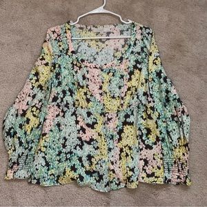 Garden Smocked Cuff Square Neck Blouse